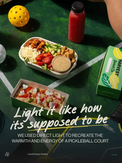 Light it like it's supposed to be. For this shoot with Harvest Salad Co, we used direct, hard light to recreate the feeling of being on a sunny pickleball court, connecting the food to an active lifestyle.