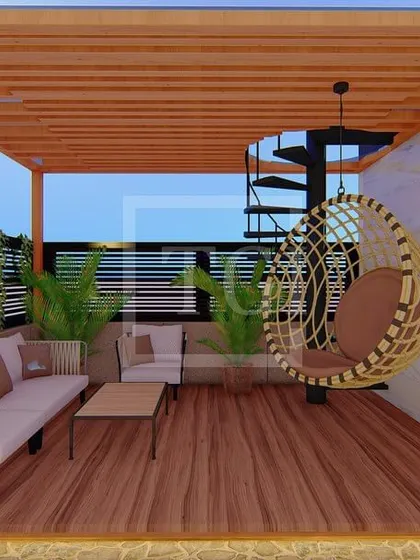 This 3D render shows a cozy corner of a terrace project. We designed a comfortable seating area under a wooden pergola, complete with a spiral staircase and a modern hanging swing chair for a touch of playful elegance.