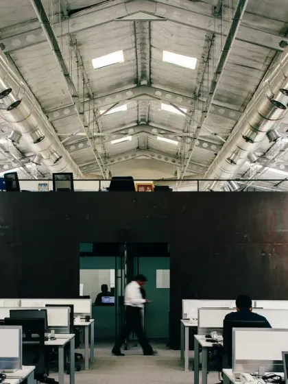This is the interior of the ATE facility in Pune, where I transformed a dilapidated factory into a modern, environmentally friendly workspace. By retaining the industrial character and introducing new elements, I demonstrated how adaptive reuse can create inspiring and sustainable corporate environments.