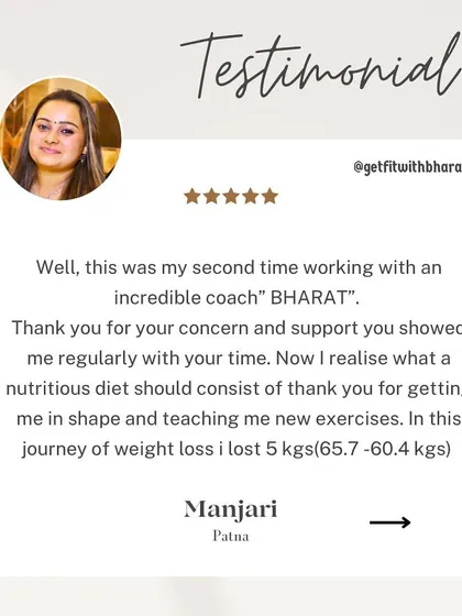 This was Manjari's second time working with me. She lost 5 kgs and realized the importance of a nutritious diet.