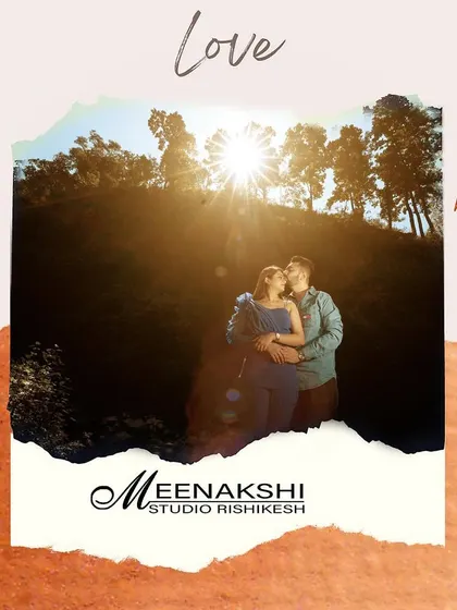 An artistic edit of a couple's pre-wedding portrait against a golden sunset. The warm tones and creative framing make this a memorable and unique image.