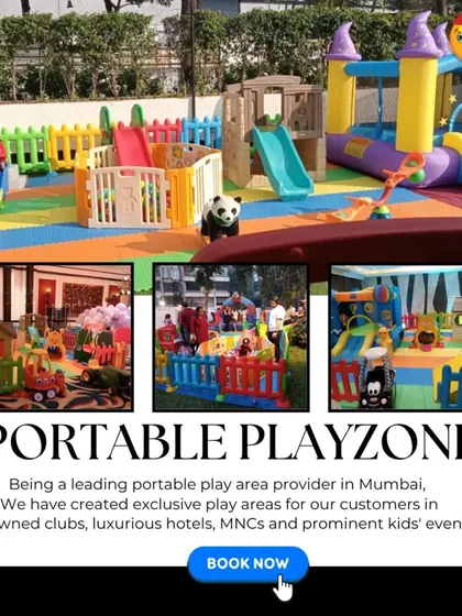 I am a leading provider of portable play areas in Mumbai, having created exclusive setups for clubs, hotels, and prominent kids' events. This image shows a large-scale outdoor playzone with a bouncy castle and multiple slides.