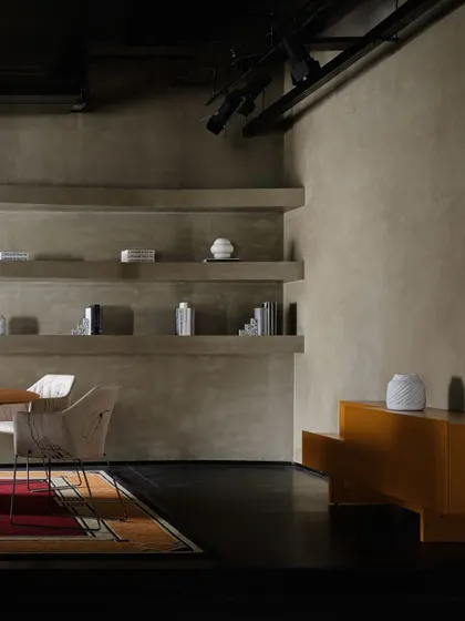The clean lines of the built-in shelving and the simple, elegant furniture create a sense of modern organic style. The track lighting on the exposed ceiling is a practical choice for a flexible retail environment.