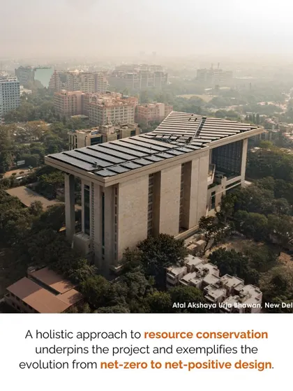 The Atal Akshaya Urja Bhawan in New Delhi, an example of our evolution from net-zero to net-positive design. The building's rooftop solar panels and holistic approach to resource conservation make it a landmark in sustainable government architecture.