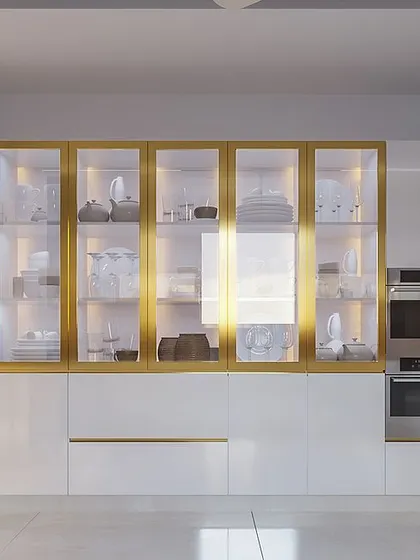 A 3D render of a bright white kitchen with gold-accented glass cabinets. This design is the epitome of modern luxury.