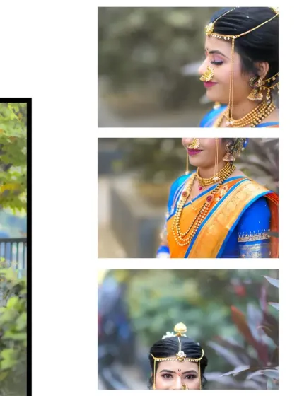 A collage of close-up shots of the bride, focusing on her profile, her smile, and the details of her traditional headwear.