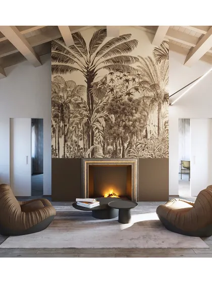 Panoramic wallpapers are a fabulous way to make an accent wall pop. This tropical design, used here to frame a fireplace, creates a cozy and warm haven, turning the entire wall into the focal point of the room.