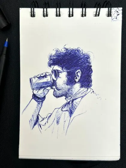 Here’s my other style: a classic pen and ink sketch. Using just a ballpoint pen, I build up texture with cross-hatching to give the drawing a raw, timeless feel.
