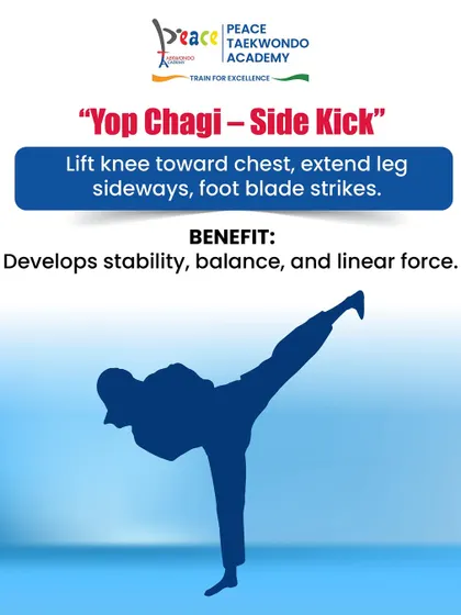 The Yop Chagi, or Side Kick, is a strong and direct kick that develops stability and balance. It is a fundamental technique for both offense and defense.