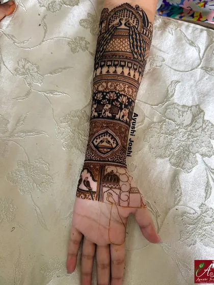 A side view of an intricate bridal mehendi without human figures, showing the detailed patterns that cover the entire arm.