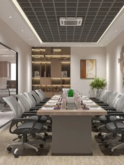 A full view of a conference room, showcasing the integration of glass walls to promote transparency, while the wooden bookshelf adds warmth and character.