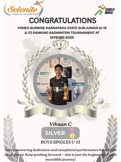 Strong silver medal finishes from Vihaan C (U-15 Boys Singles) and Adrien Edward (U-15 Mixed Doubles) at the Karnataka State Sub-Junior tournament in Mysore.