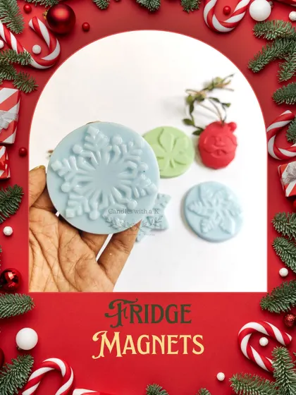 A festive collage showcasing my Christmas-themed fridge magnets, including snowflake and Santa designs.