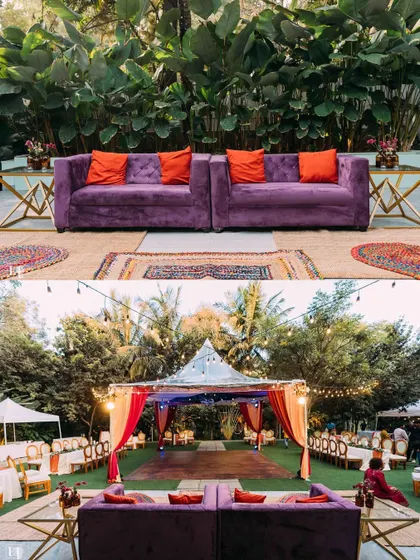 The perfect setting for a pre-wedding cocktail party or sangeet night. The lawn provides ample space for a dance floor, while the surrounding trees, lit with elegant chandeliers and string lights, create a festive and celebratory atmosphere.