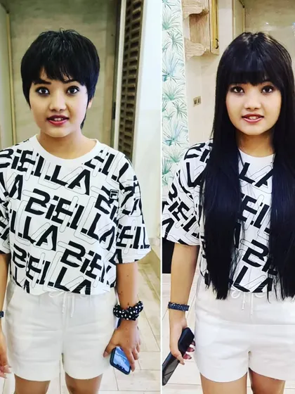 Another look at this amazing short-to-long transformation. The addition of bangs with the extensions helps to blend everything perfectly for a natural finish.