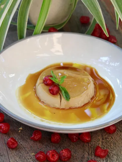 Our vegan caramel pudding, beautifully plated and ready to be enjoyed. The smooth texture and rich caramel sauce make it a truly special dessert.