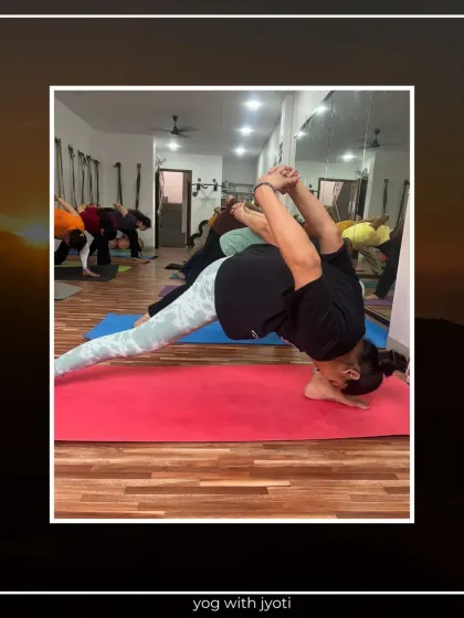 A student masters the full expression of Shirsh Padangushthaan Asana, touching her head to her foot.