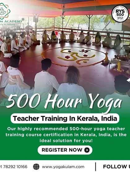 Our 500-hour Yoga Teacher Training in Kerala is our most comprehensive program. This poster shows students in a meditative circle around a Swastika flower arrangement, symbolizing auspicious beginnings.