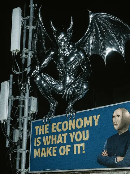 A chrome gargoyle perches on a billboard featuring the 'stonks' meme guy. This image blends gothic horror, internet culture, and corporate messaging into a single, surreal urban night scene.