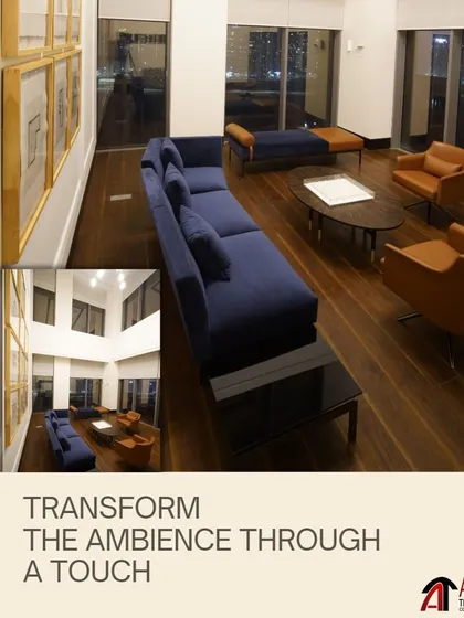 Transform the ambiance with a single touch. This collage shows an interior lounge area where our lighting control system allows for easy adjustments to create a comfortable and inviting atmosphere for guests.