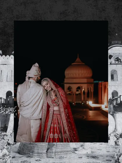 A romantic portrait of the bride resting her head on the groom's shoulder, with the palace dome in the background, creating a timeless and artistic image.