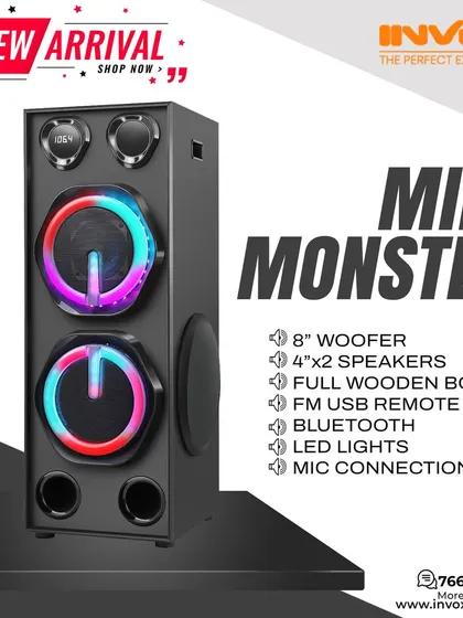 This new arrival, the Mini Monster, is a powerhouse. It comes with an 8-inch woofer, Bluetooth, LED lights, and a mic connection, all in a compact and stylish full wooden body.