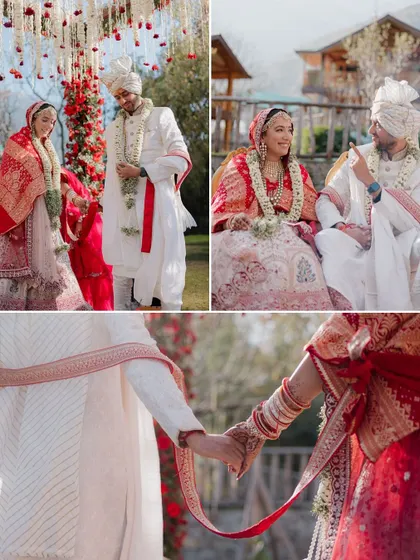 A collage of ritual moments from an intimate mountain wedding, focusing on the couple holding hands and exchanging vows.