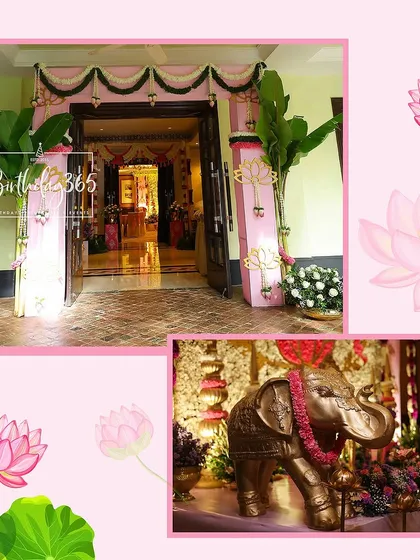 A look at the welcoming entrance and key decor elements for a Half-Saree ceremony. The collage shows the grand doorway framed in pink and a majestic golden elephant statue adorned with a floral garland.