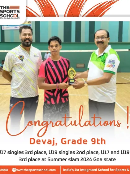 Devaj's multiple wins at the Summer Slam 2024 in Goa, including 3rd place in U17 singles and 2nd in U19 singles.