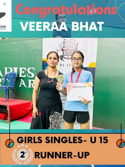 Veera secures 2nd place in the Girls' Singles Under 15 category. Her powerful game and court presence make her a tough competitor.