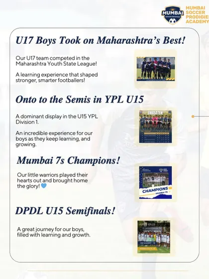 An infographic celebrating our achievements, including competing in the Maharashtra Youth State League and reaching semi-finals.