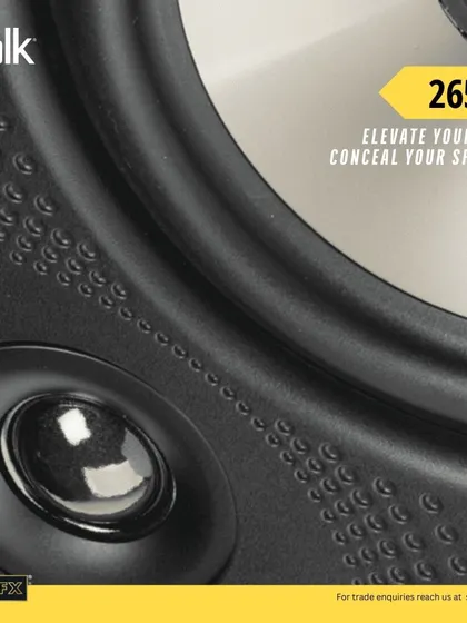 "Elevate your sound, conceal your speakers." This macro shot of the Polk 265-LS in-wall speaker emphasizes the quality of its construction, designed for big, dynamic audio without the clutter.