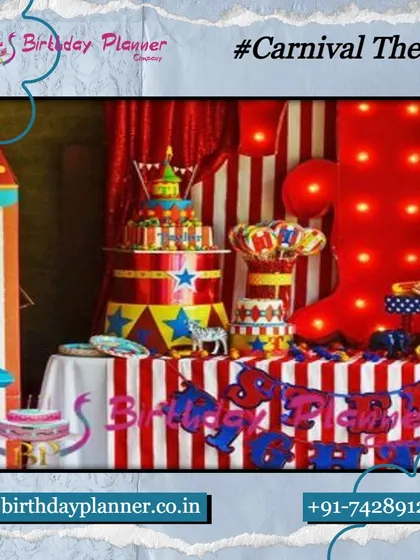 A closer look at the vibrant Carnival theme dessert table, highlighting the custom tiered cake stands and festive "Birthday Planner" banner.