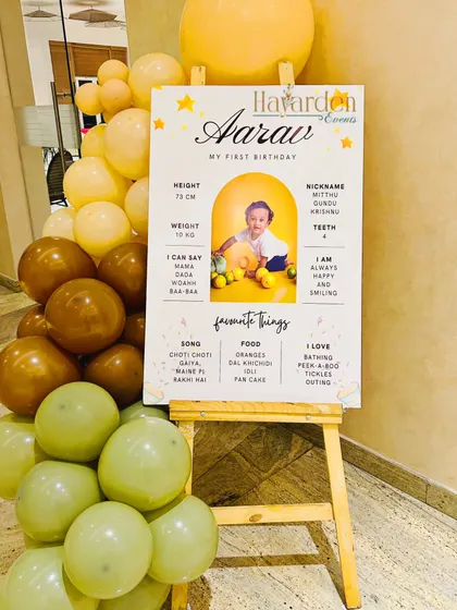 A personalized milestone board for a first birthday jungle party. It's a beautiful keepsake that shares fun facts about the birthday boy, Aarav.