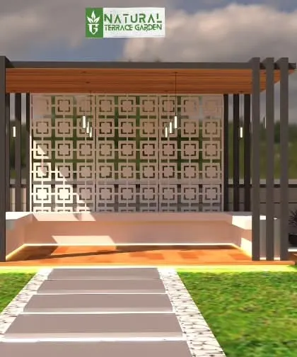 A 3D concept for a pergola with built-in bench seating. The design features a decorative back panel and is set on a pathway, creating a defined rest stop in the garden.