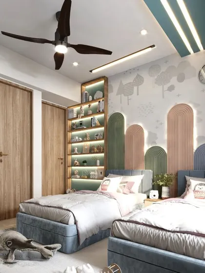 A beautifully designed shared bedroom with two separate beds, each with a unique arched headboard. The built-in bookshelf and soft color palette create a charming and organized space.