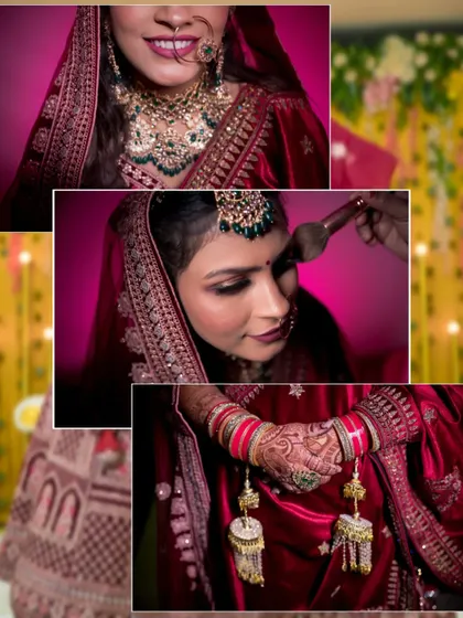 A collage of bridal getting-ready shots, including makeup application, jewelry details, and a glimpse of her smile.
