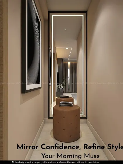 A simple yet elegant dressing or vanity area in a hallway. The full-length mirror is framed with integrated LED lighting, providing perfect, even light.