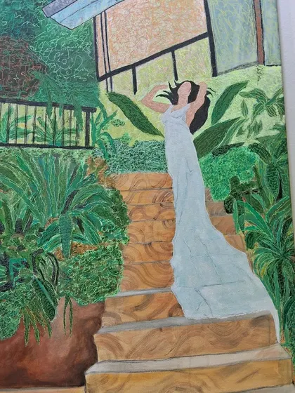 A painting by Sinal Bajaj showing a woman on a staircase surrounded by lush greenery, evoking a sense of freedom and escape.
