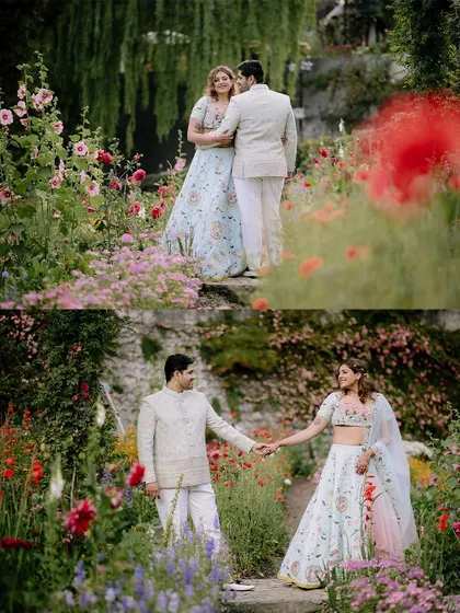 A fairytale-like shot of the couple in a field of flowers at their destination engagement.