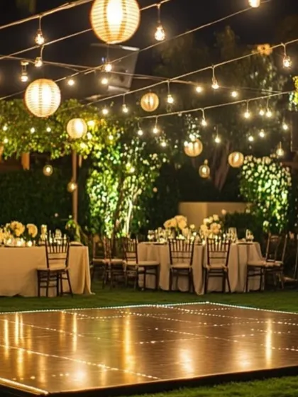 A classic and romantic outdoor dance floor setup. String lights and paper lanterns create a warm and inviting canopy for a night of dancing under the stars.