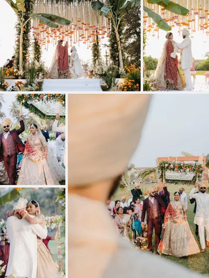 A collage of a beautiful outdoor wedding ceremony, capturing the varmala, the couple's walk, and emotional hugs with family.