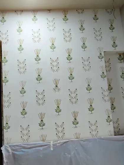 Another angle of the block-print style wallpaper, showing a full view of the accent wall.