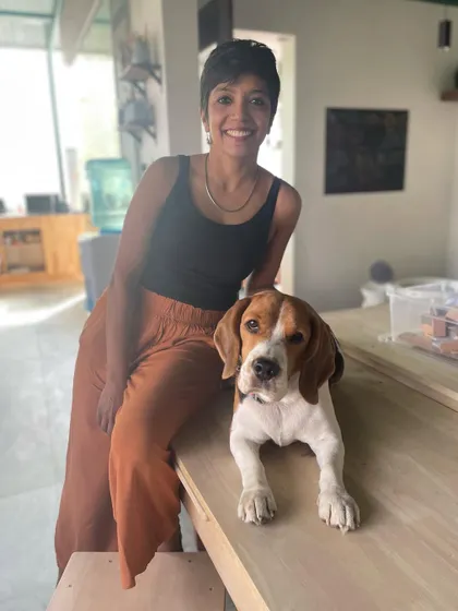 Introducing some of my professional course students. This photo shows me with my studio dog and highlights the flexible, in-depth training I offer for those serious about pottery.