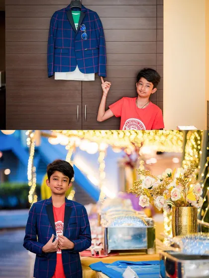 A cool before-and-after of the birthday boy, first pointing to his party outfit and then looking dapper at the event.