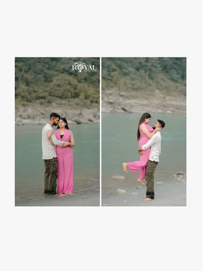 This diptych shows two different interactions from a riverside maternity shoot: a quiet, loving embrace and a joyful lift, showcasing a blend of tender and playful moments.