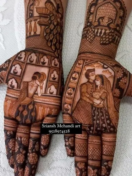 This Karwachauth design features romantic couple portraits, celebrating the bond of marriage. I create special, intricate designs for all festive occasions, not just weddings.