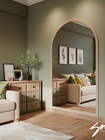 Here are some new project renders showing a living room with earthy green tones and natural wood. Renders help our clients visualize the space and make decisions before construction even begins.