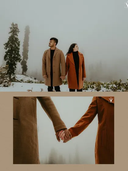 A two-panel collage from a winter pre-wedding shoot, featuring a portrait of the couple holding hands and a close-up detail of their interlocked hands.