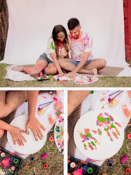 A collage showing the couple making a handprint canvas together, a beautiful keepsake from their shoot.